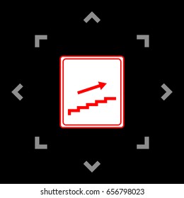 Stairs sign with arrow. Vector. White icon in gray focus like mandala on black background.