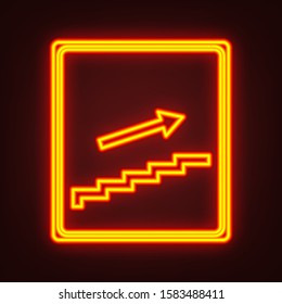 Stairs sign with arrow. Yellow, orange, red neon icon at dark reddish background. Illumination. Illustration.