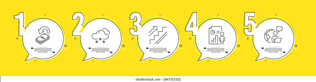 Stairs, Snow weather and Business report line icons set. Timeline process infograph. Cashback sign. Stairway, Snowflake, Employee statistics. Financial transfer. Business set. Vector