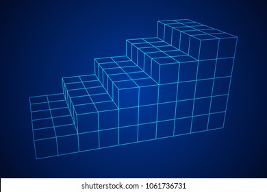 Stairs stage podium wireframe mesh model, vector illustration