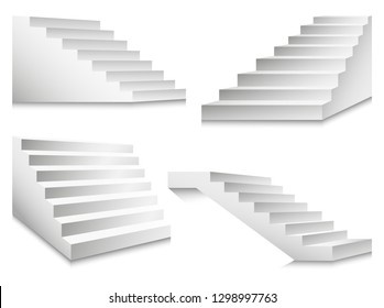 Stairs or staircases and podium ladders. Vector 3D isolated white stairs set isolated in different angles for interior design or building stairway element template icons