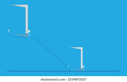  Stairs steps collection for graphic design element, Ladder of success in business growth concept with businessman hand arranging wooden blocks stacking as step stair on blue background