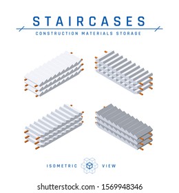 Stairs storage, isometric view. Set of concrete icons for architectural designs. Construction products collection. Vector illustration isolated on a white background in flat style.