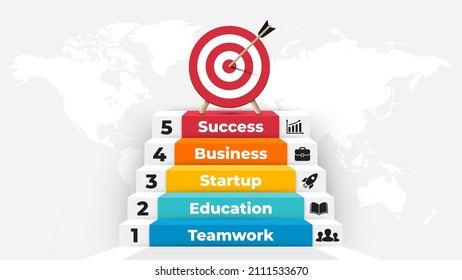 Staffeln bis zum Erfolg Infografik. Folie-Vorlage für die Startpräsentation erfolgreich. Pfeil traf das Ziel. Zieldiagramm Wachstumskarte mit 5 Schritten, Optionen, Prozessen. 