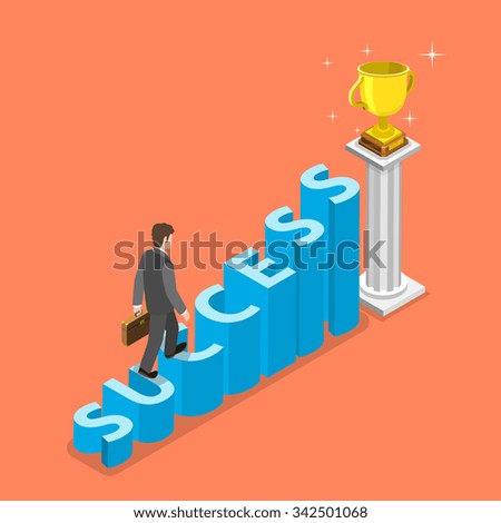 Stairs to success isometric vector concept. Businessman is walking to the winner cup by the stairs that looks like the word SUCCESS. Business strategy, growth, leadership.