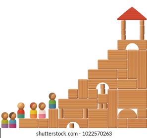 Stairs to success shown with building blocks and toy figures. Symbol for education, career, increase, growth, development, prosperity or victory.