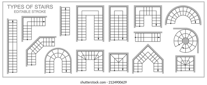 Stairs top view symbol. Types of stairway in plan or map for blueprint or project. Architectural schematic set of isolated objects. Vector icons on white background