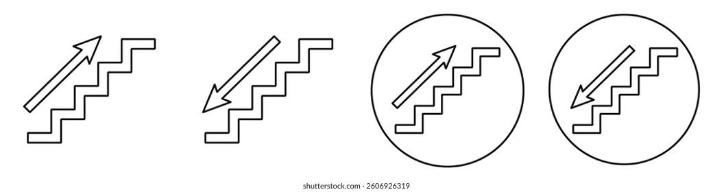 Stairs up, stairs down icon.  Stairway direction information symbol. Stairs icon upward, downward set. design for website design, app, UI, isolated on white background.