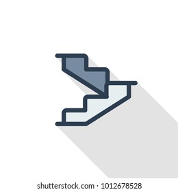 Stairs, upstairs, staircase thin line flat color icon. Linear vector illustration. Pictogram isolated on white background. Colorful long shadow design.