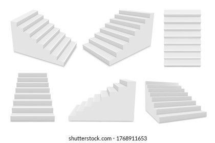 Stairs with white steps in different position realistic set. Stairway for exterior or interior mockups. Staircase without banister. Top, side, front view. Vector 3d stairs templates collection.
