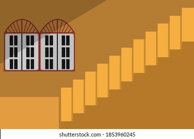 Stairs and windows with yellow background .Vector illustration