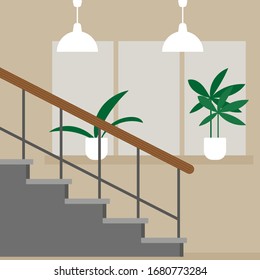 
Stairs, windowsill with plants and lighting