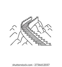 Stairway ascends to a mountain peak symbolizing journey to success and achievement in a simple black and white illustration.