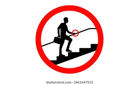 stairway caution, use handrails to avoid a fall, Warning sign, black and red isolated silhouette