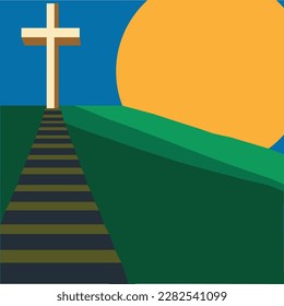 Stairway to Cross at Sunrise Illustration Flat Vector