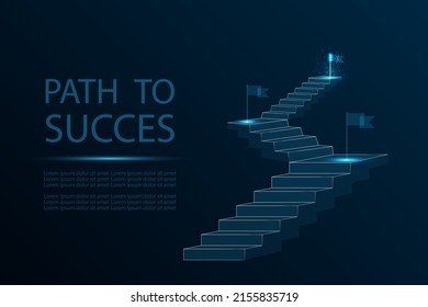 Stairway with flags vector illustration. Low poly wireframe mesh with light effects on dark blue background. Path to success business concept poster banner design template with copy space.