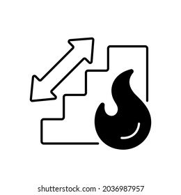 Stairway linear icon. Directional arrow to evacuation stairs. Building stairs. Fire safety. Thin line customizable illustration. Contour symbol. Vector isolated outline drawing. Editable stroke