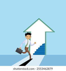 Stairway to new opportunity, success path or open door to career chance, leadership improvement, progress or solving problem concept, businessman open arrow up door to walk up stair to success.