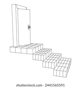 Stairway path to open door. Steps leading into the future concept. Wireframe low poly mesh vector illustration