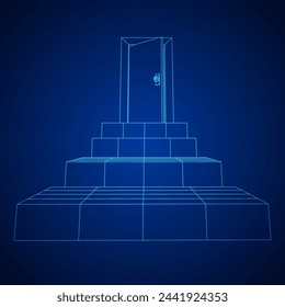 Stairway path to open door. Steps leading into the future concept. Wireframe low poly mesh vector illustration
