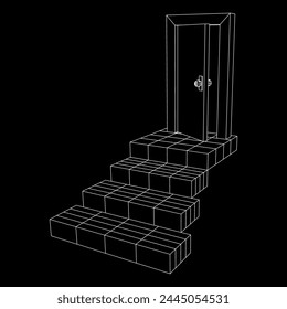 Stairway path to open door. Steps leading into the future concept. Wireframe low poly mesh vector illustration