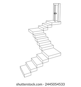 Stairway path to open door. Steps leading into the future concept. Wireframe low poly mesh vector illustration