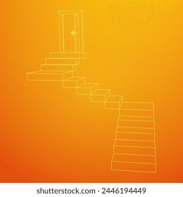 Stairway path to open door. Steps leading into the future concept. Wireframe low poly mesh vector illustration