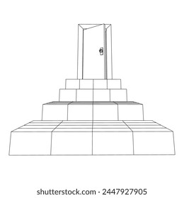 Stairway path to open door. Steps leading into the future concept. Wireframe low poly mesh vector illustration