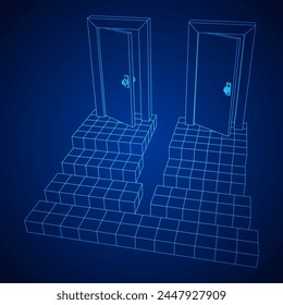 Camino de escalera para abrir la puerta. Pasos hacia el futuro concepto. Ilustración vectorial de malla de polietileno baja