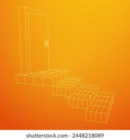 Stairway path to open door. Steps leading into the future concept. Wireframe low poly mesh vector illustration