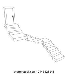 Stairway path to open door. Steps leading into the future concept. Wireframe low poly mesh vector illustration