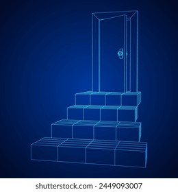 Stairway path to open door. Steps leading into the future concept. Wireframe low poly mesh vector illustration