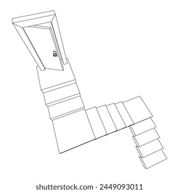 Stairway path to open door. Steps leading into the future concept. Wireframe low poly mesh vector illustration