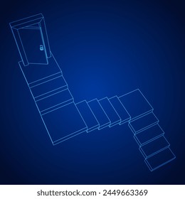 Stairway path to open door. Steps leading into the future concept. Wireframe low poly mesh vector illustration