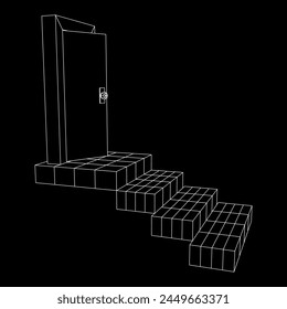 Stairway path to open door. Steps leading into the future concept. Wireframe low poly mesh vector illustration