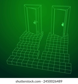Stairway path to open door. Steps leading into the future concept. Wireframe low poly mesh vector illustration
