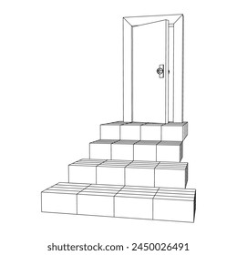 Stairway path to open door. Steps leading into the future concept. Wireframe low poly mesh vector illustration