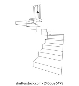 Stairway path to open door. Steps leading into the future concept. Wireframe low poly mesh vector illustration