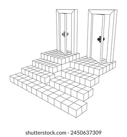 Stairway path to open door. Steps leading into the future concept. Wireframe low poly mesh vector illustration