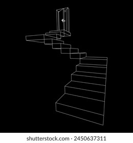 Stairway path to open door. Steps leading into the future concept. Wireframe low poly mesh vector illustration