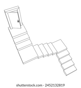 Stairway path to open door. Steps leading into the future concept. Wireframe low poly mesh vector illustration