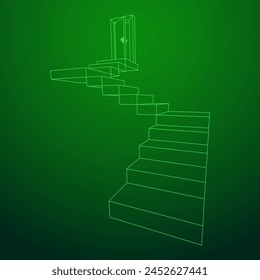 Stairway path to open door. Steps leading into the future concept. Wireframe low poly mesh vector illustration