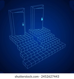 Stairway path to open door. Steps leading into the future concept. Wireframe low poly mesh vector illustration