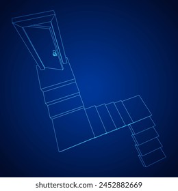 Stairway path to open door. Steps leading into the future concept. Wireframe low poly mesh vector illustration