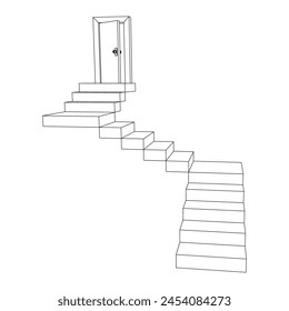 Stairway path to open door. Steps leading into the future concept. Wireframe low poly mesh vector illustration