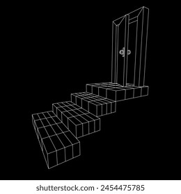 Stairway path to open door. Steps leading into the future concept. Wireframe low poly mesh vector illustration