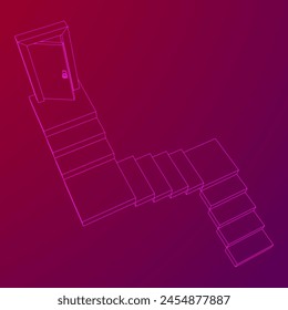 Stairway path to open door. Steps leading into the future concept. Wireframe low poly mesh vector illustration