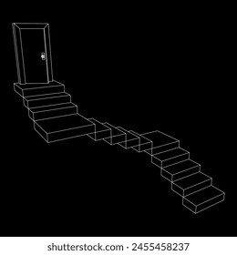 Stairway path to open door. Steps leading into the future concept. Wireframe low poly mesh vector illustration