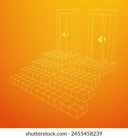 Stairway path to open door. Steps leading into the future concept. Wireframe low poly mesh vector illustration