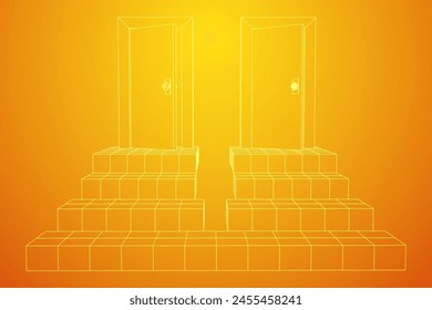 Stairway path to open door. Steps leading into the future concept. Wireframe low poly mesh vector illustration